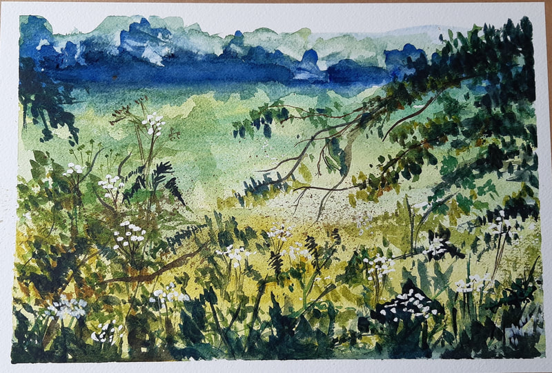 Painting of a view through a hedgerow