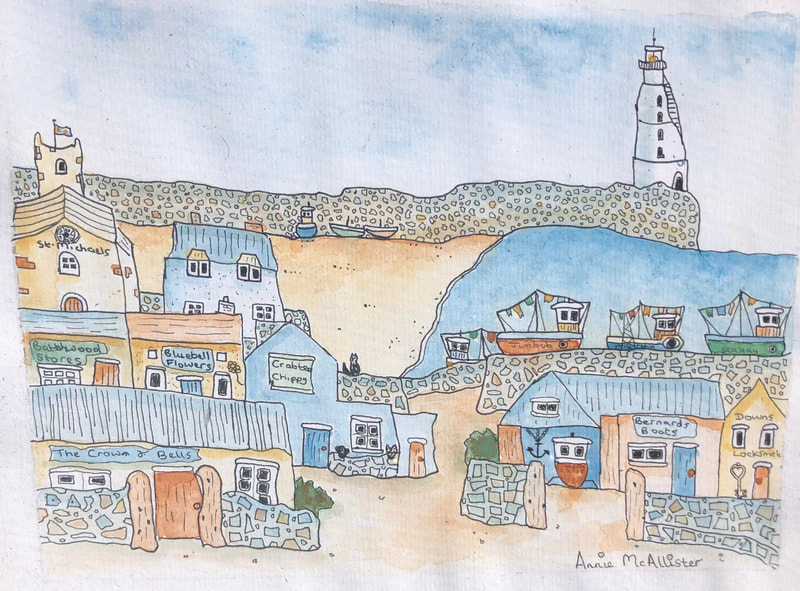 ink and watercolour seaside village scene