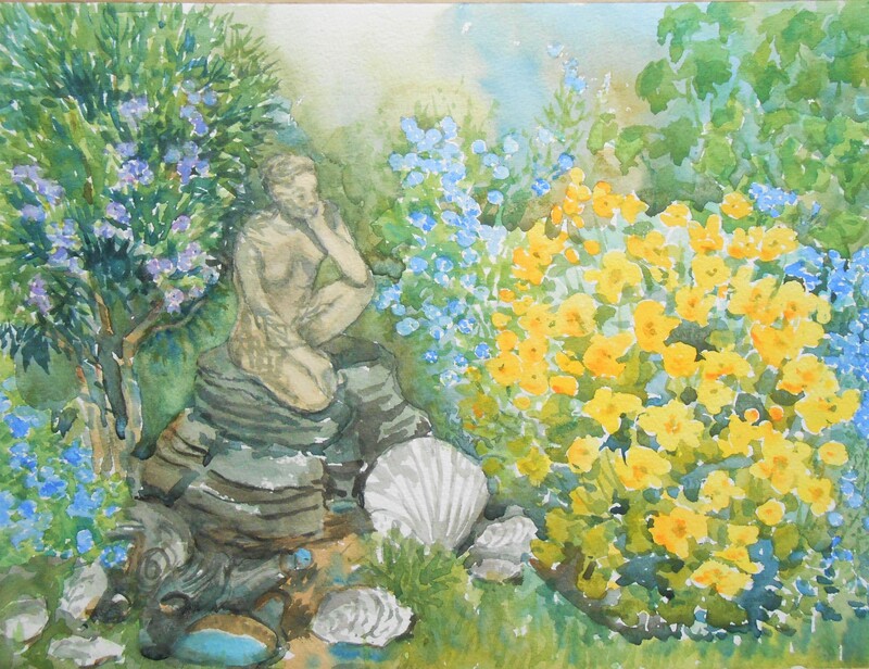 Painting of a sculpture in a garden