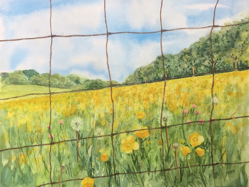 painting of a meadow viewed through a wire mesh fence