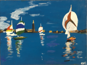 Painting of sailing boats with reflections