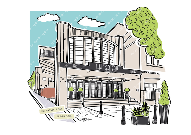Illustration of the Rex cinema and Gatsby restaurant
