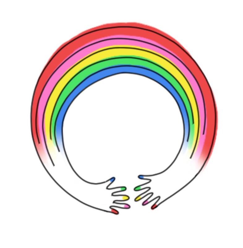 Drawing of hands wanting to touch, coloured as a rainbow