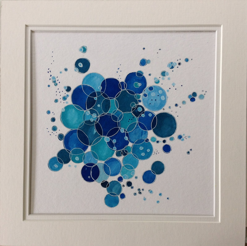Painting of blue bubbles in different shades and overlapping in places