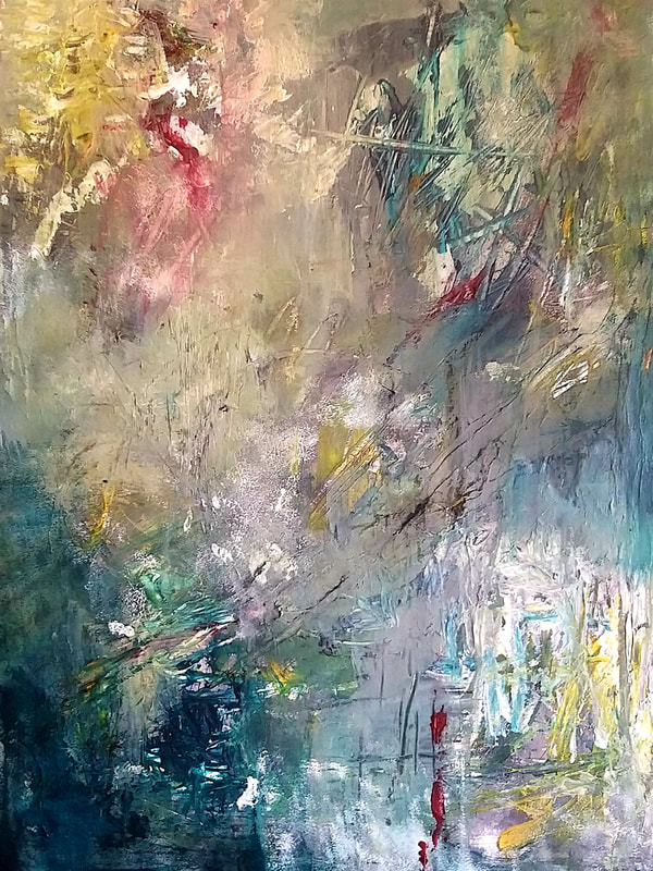 Abstract oil painting with textured paint in many colours depicting calm and chaos.