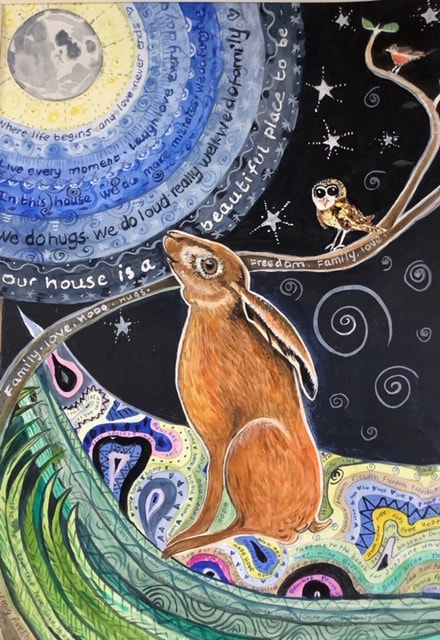Painting of a hare looking up at the moon