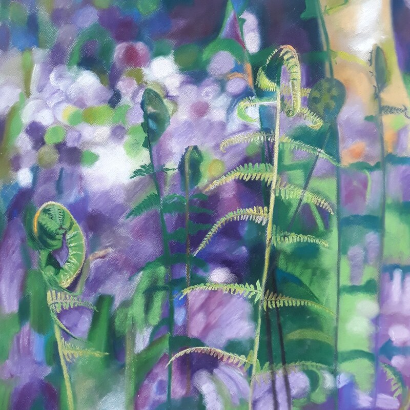 Painting of a bluebell wood with ferns in the foreground